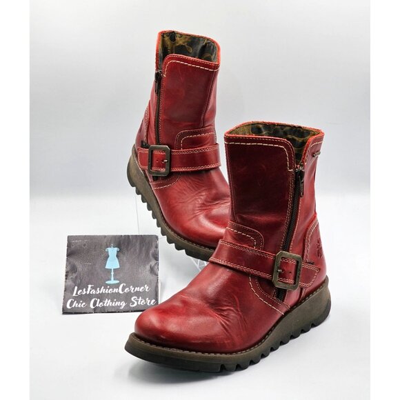 Fly London Women's Red  Leather Seku Wedge Buckled Ankle Boots Sz (5.5) 36 2907 - Picture 10 of 16